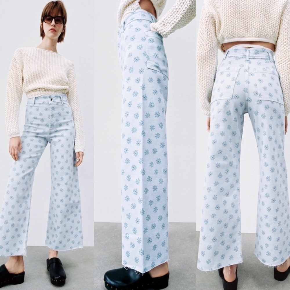Zara Light Blue Marine Floral High Rise Jeans size 6 - Picture 7 of 10